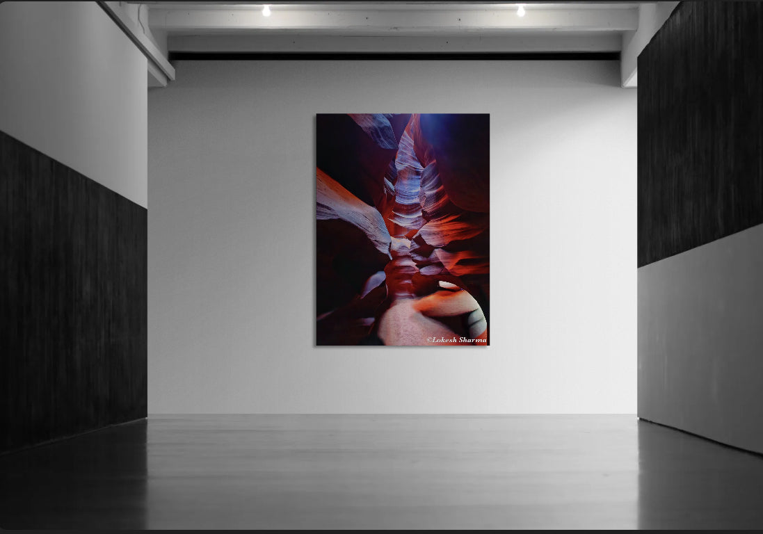 Artistic depiction of a neck vertebrae on a white wall in a darkly decorated room. This is printed on Canvas with floater wooden frame